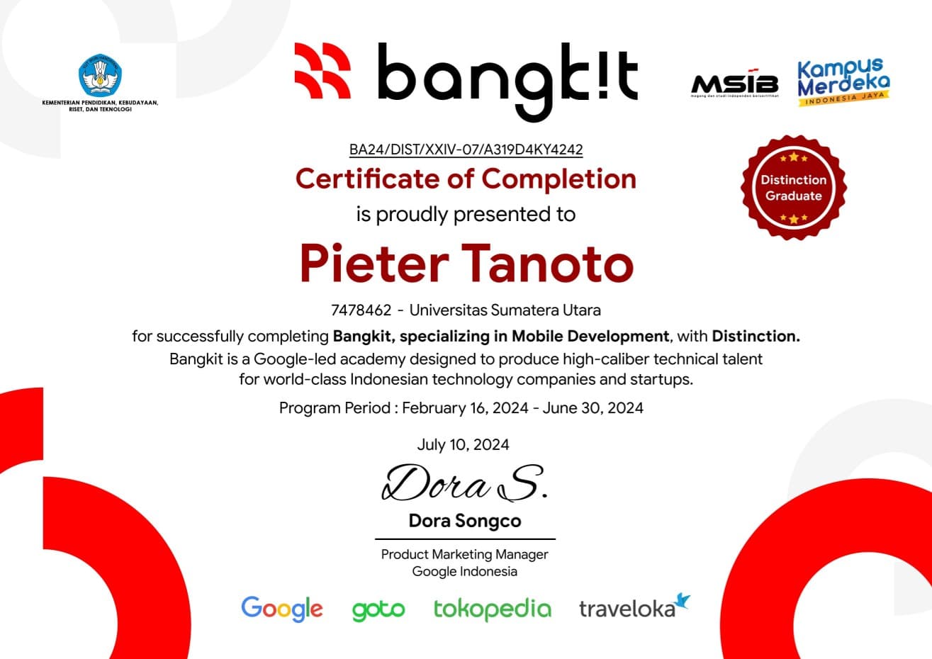 Distinction Graduate Bangkit Academy 2024 Batch 1 (Top 10% of Mobile Development Learning Path)